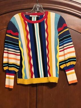 Alice + Olivia Navy, Mustard, Red and Teal Striped Knit Top